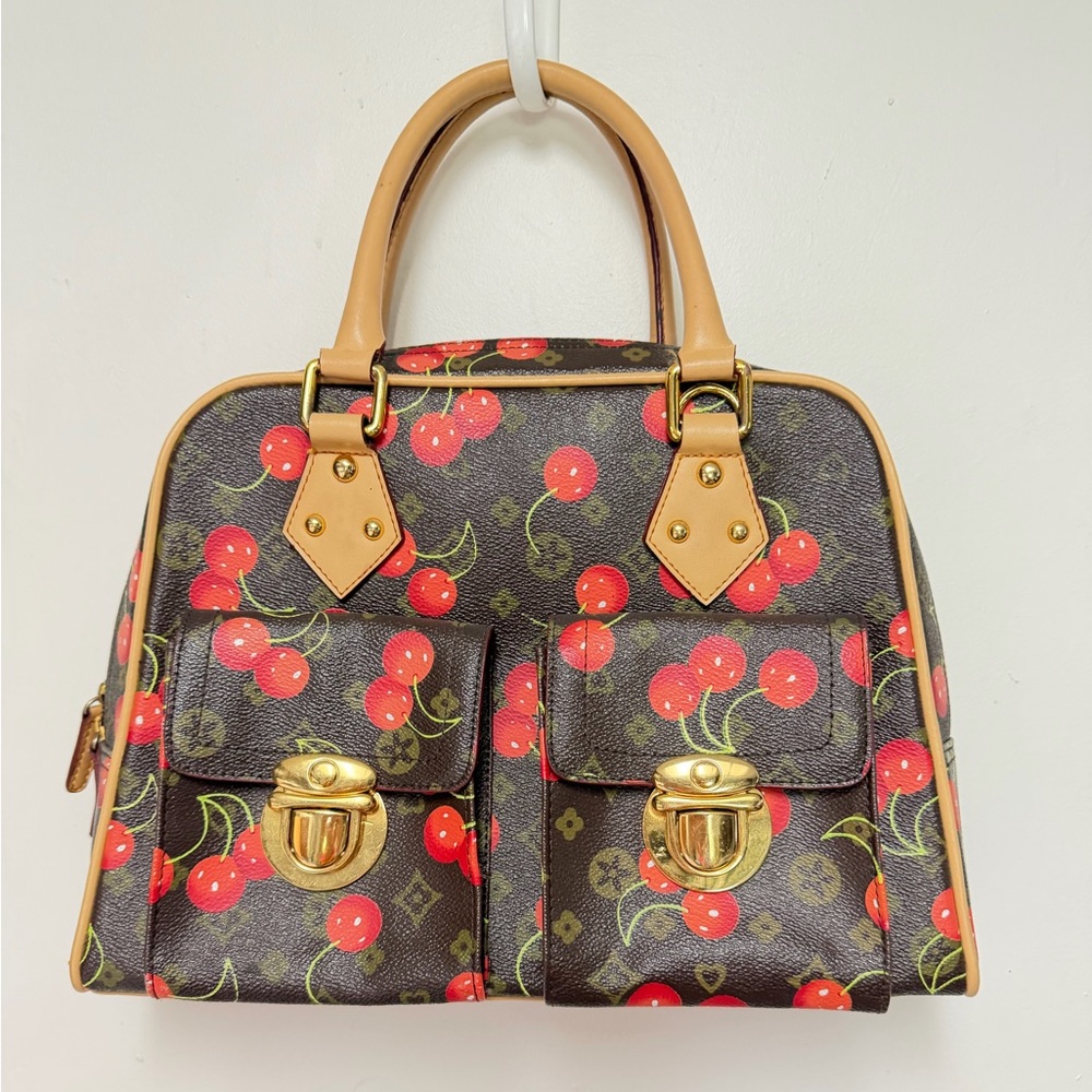 Cherry Print Satchel Handbag - Brown & Red - Picture 2 of 9